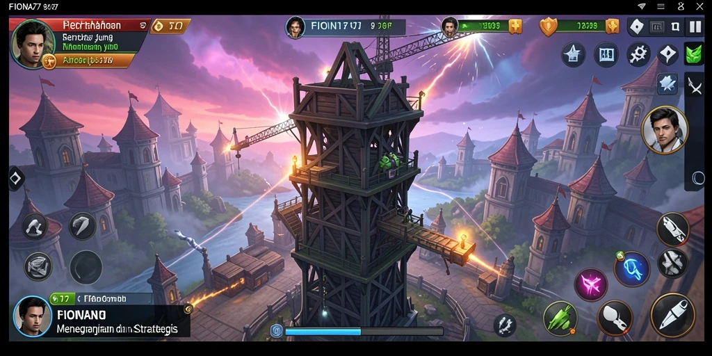 Screenshot gameplay FIONA77 menampilkan aksi pertahanan menara yang intens.