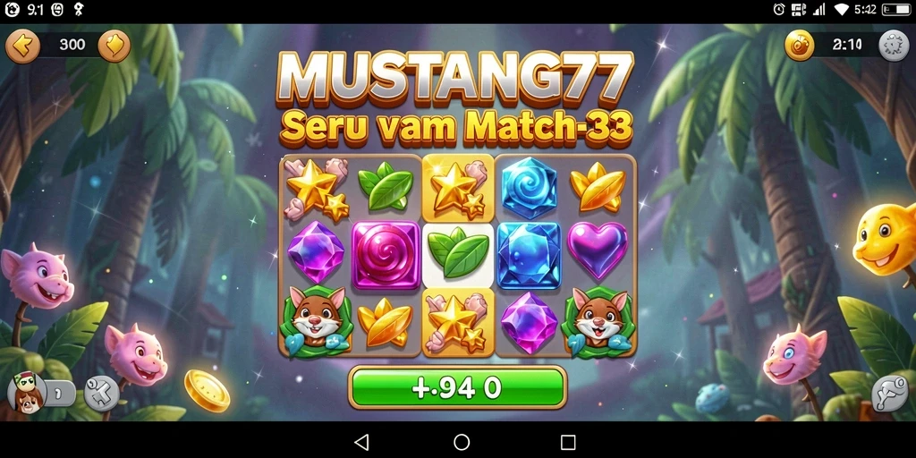 Tampilan seru gameplay MUSTANG77 dengan tantangan Match-3.