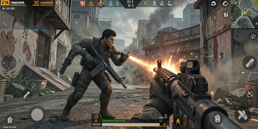 Screenshot gameplay menegangkan dari PANDAWIN, menunjukkan aksi intens yang dihadapi pemain.