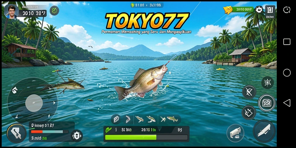 Screenshot gameplay TOKYO77 menampilkan aktivitas memancing yang menarik.