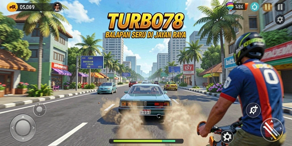 Screenshot gameplay TURBO78 menampilkan aksi balapan seru.